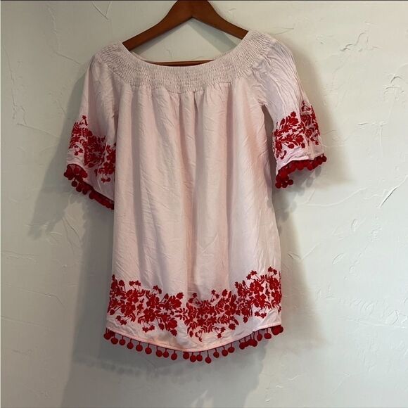 Women's Show Me Your Mum Pink & Red Embroidered Top with Pom Moms - Picture 2 of 7